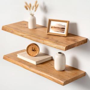 24 Inch Live Edge Floating Shelves Set of 2, Solid Elm Wood Ledge, 24 Inch | 2 Pack