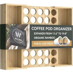 WELL WENG Larger Expandable Bamboo Coffee Pod Holder for Counter Drawer Display, 35 Pod Capacity, K-Cup Pods - Tea Bags Storage Organizer Holder (Bamboo)