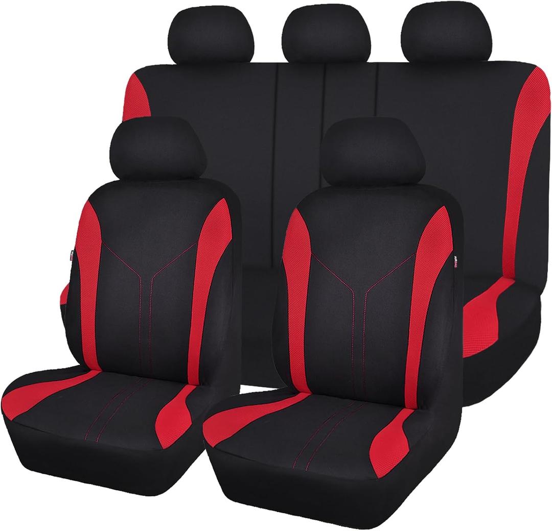Flying Banner Car Seat Covers Front Seats and Rear Bench Mesh Fabric Rear Bench Split Polyester Cover Easy Installation SUV CAR Woman Lady Femal (Full Set, Black Red)