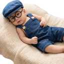 Newborn Baby Photography Props Infant Baggy Retro Denim Jumpsuit Overalls Hat and Glasses Set Handmade Photo Shoot Costume for Boys Girls (Short Clothing Set)