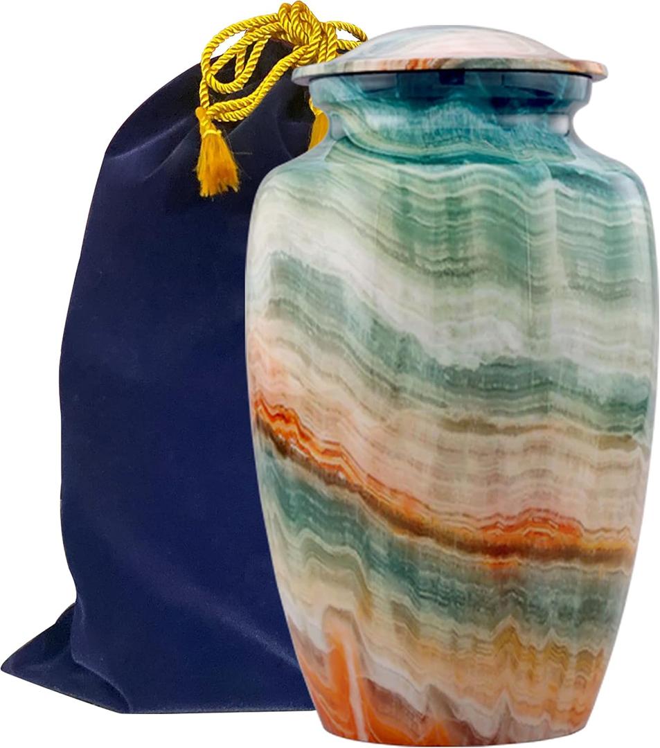 Memorial Cremation Urns for Human Ashes | Handcrafted Large Burial Marble Finish Adult Cremation Urn, Funeral Decorative Urns for Female & Male | 200 lbs with Velvet Bag (Blue Marsh)
