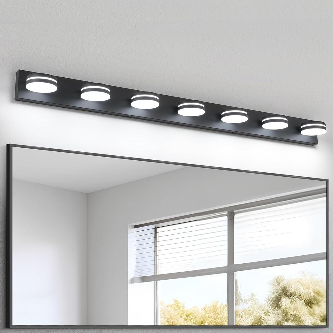 7-Light Bathroom Vanity Light Over Mirror, Matte Black LED Vanity Lighting Fixtures, Modern Bathroom Wall Light Fixtures with 360Rotating Lamp Head (Cool White 5500K)