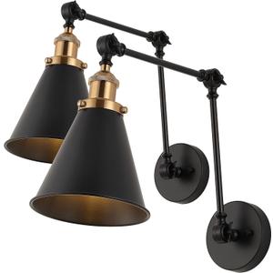 JONATHAN Y 7" Black/Brass Gold Classic Industrial Metal Adjustable Arm LED Wall Sconce for Bedside Reading, Farmhouse Swing Arm Wall Lamp with Metal Shade, Hardwired (JYL7462A-SET2), Set of 2