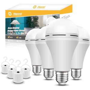 Rechargeable Light Bulbs, Back Up Battery Light Bulbs, 15W 80W Equivalent 6000K 1200mAh Battery Operated Light Bulb for Power Outage Hurricane, Emergency Lights for Home Power Failure, Pack of 4