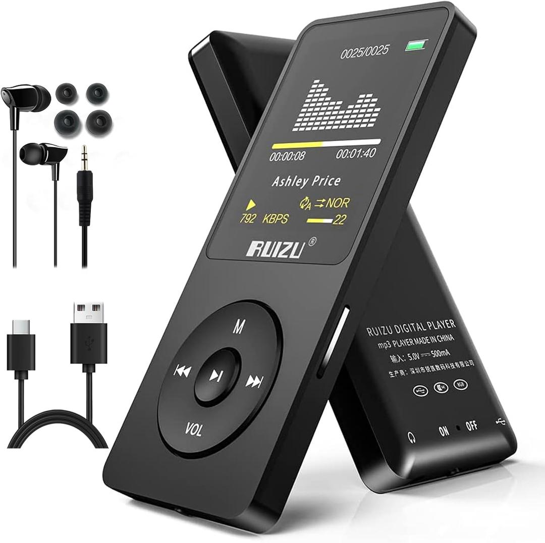 RUIZU 64GB MP3 Player with Bluetooth 5.3, Portable Music Player for Kids Sports Running, FM Radio, Voice Recorder, Equalizer, 80H Digital Audio Video Shuffle Resume Playback, Up to 128GB Micro SD Card