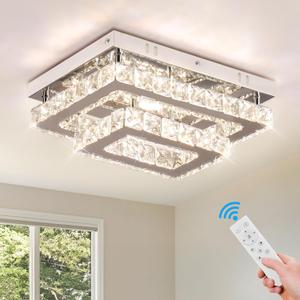 Dimmable Crystal LED Flush Mount Ceiling Light, 11.8"9.1" Rectangular Close to Ceiling Chandelier, 24W K9 Crystal & Stainless Steel, Remote & App Control, 27006500K CCT for Bedroom Living Room