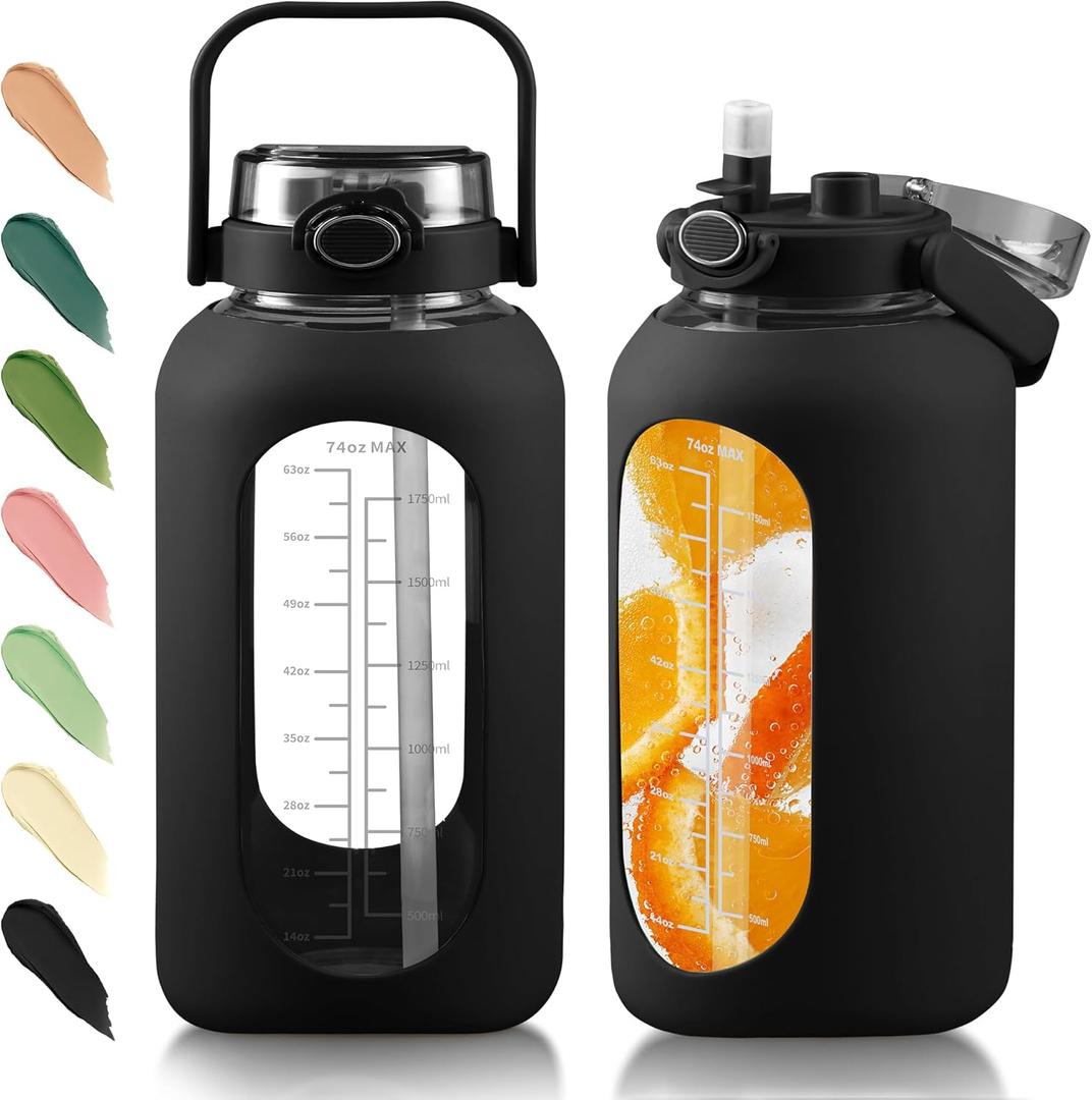 74 Oz Glass Water Bottle with Straw and Handle Lid Half Gallon Motivational Glass Bottle with Silicone Sleeve and Time Marker Large Reusable Sports Water Jug for Gym Home Workout