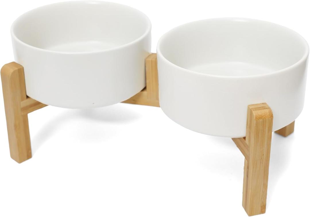Elevated Dog Bowls Ceramic, 30.4 oz Dog Food and Water Bowl Set with Wood Stand, Double Raised Pet Feeding Station for Puppy & Cats - Non-Slip Medium Pet Dishes Dishwasher Safe - White
