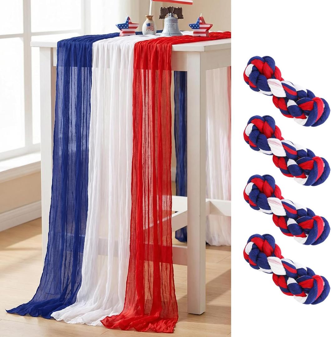 RunNico 4 PCS Patriotic Cheese Cloth Table Runner, 120 x 38 Inch 4th of July Sheer Fabric Table Runner, Red White and Blue Gauze Tables Decor for Independence Memorial Day Party Indoor Outdoor Decor