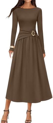 MEROKEETY Women's 2025 Fall Long Sleeve Midi Dress Elegant Boat Neck Ruched Swing Cocktail Party Dresses, XS