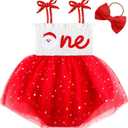 HONGTEYA Baby Girl 1st Birthday Outfit Girl First Birthday Clothes One Year Old Gifts Romper Tulle Summer Newborn Dress (9-12 Months, Red Christmas)