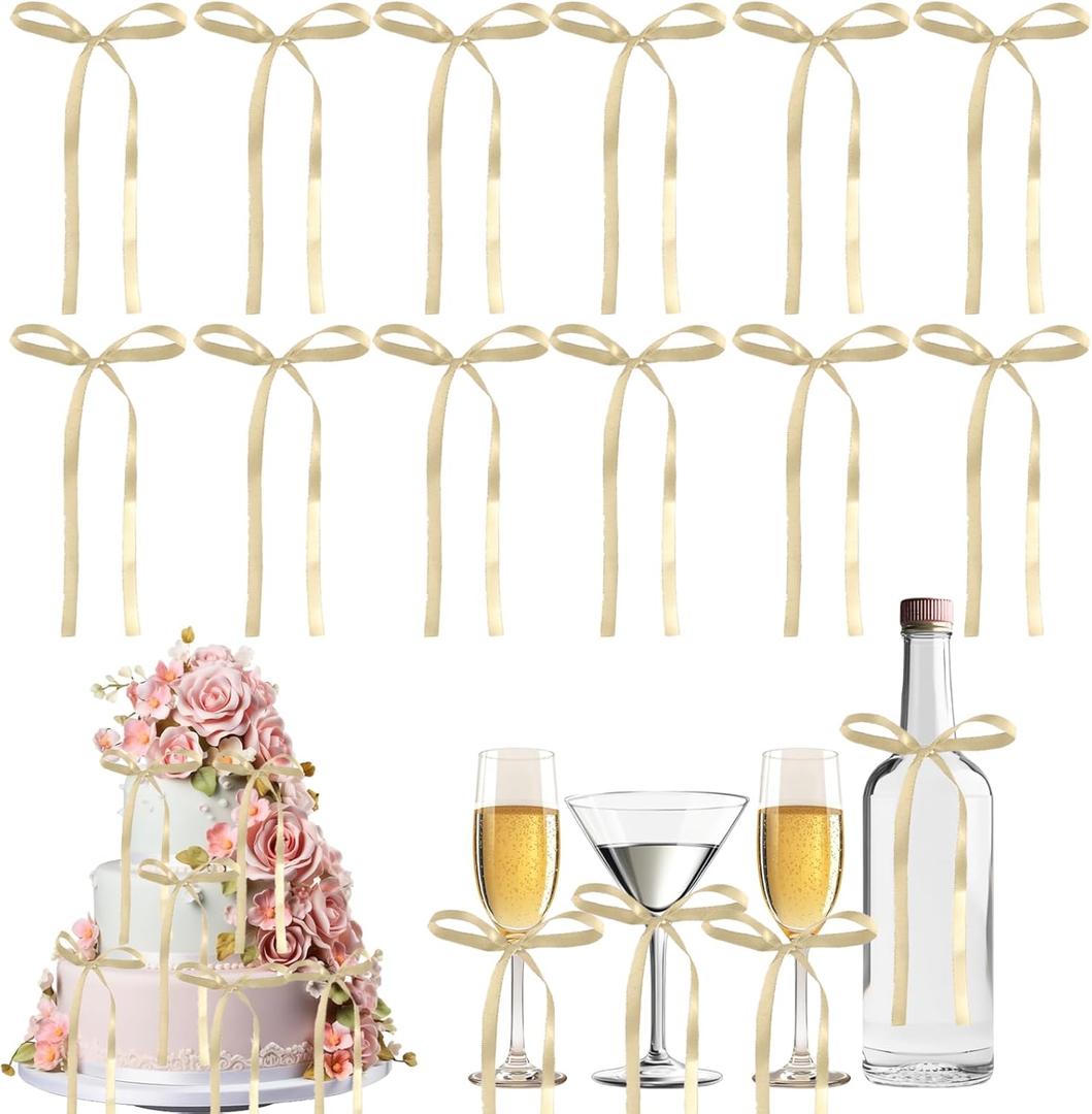 30PCS Bow Cupcake Toppers Bowknot Ribbons Coquette Cake Toppers Bow High Footed Cup Party Decorations Bridal Princess Cake Dessert Picks for Birthday Wedding Party Supplies 4"x6" (Champagne)