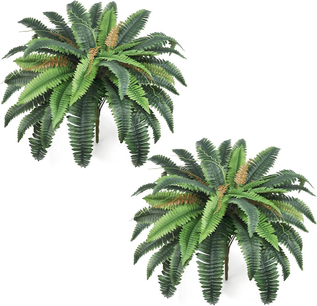 34" Fake Ferns, Set of 2 Artificial Ferns for Outdoors Large, Artificial Boston Ferns with 42 Fronds for Garden Porch Home Spring Decor
