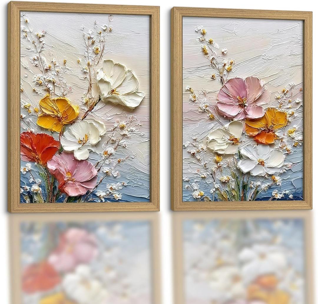 Framed 3d Relief Floral Wall Art Canvas Poster Prints 16x24 In 2p Be Hung