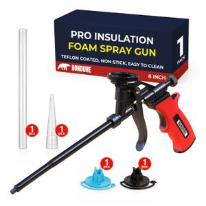 Pro Spray Foam Gun, (8 inch) PTFE (Teflon) Coated Non-Stick, Adjustable Flow Control Dial, Ergonomic Handle, Universal Screw Top Can Adapter, Long Reach Barrel, Includes Nozzle Set