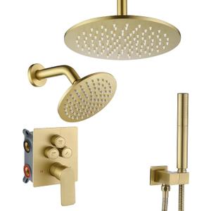 Rain Shower System, Push Button Diverter Shower Faucet Set with 2 in 1 Handheld Spray, Wall Mount Shower, Ceiling Mount Shower Head 3-Function Rainfall Shower System-Brushed Gold