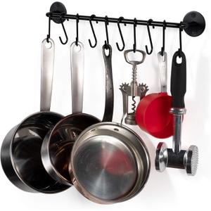 Wallniture Cucina 16" Wall Mount Kitchen Organization Storage Rail with 10 S Hooks for Hanging Pots and Pans Set and Lid Organizer, Black