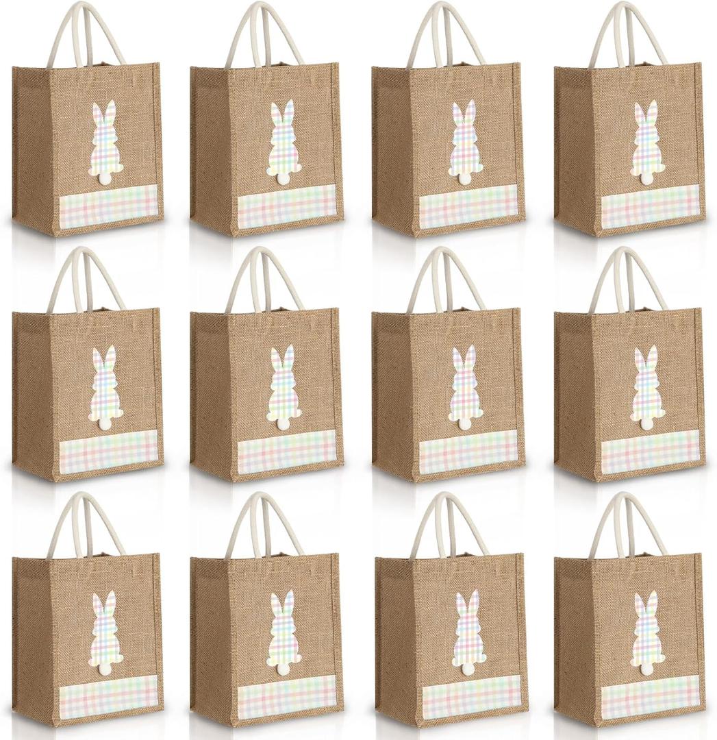 Wesnoy 12 Pack Easter Burlap Bunny Bags Large Easter Basket Rabbit Pastel Gift Bags with Handle & Waterproof Lining Reusable Spring Gift Bag for Egg Hunt, Candy Favor