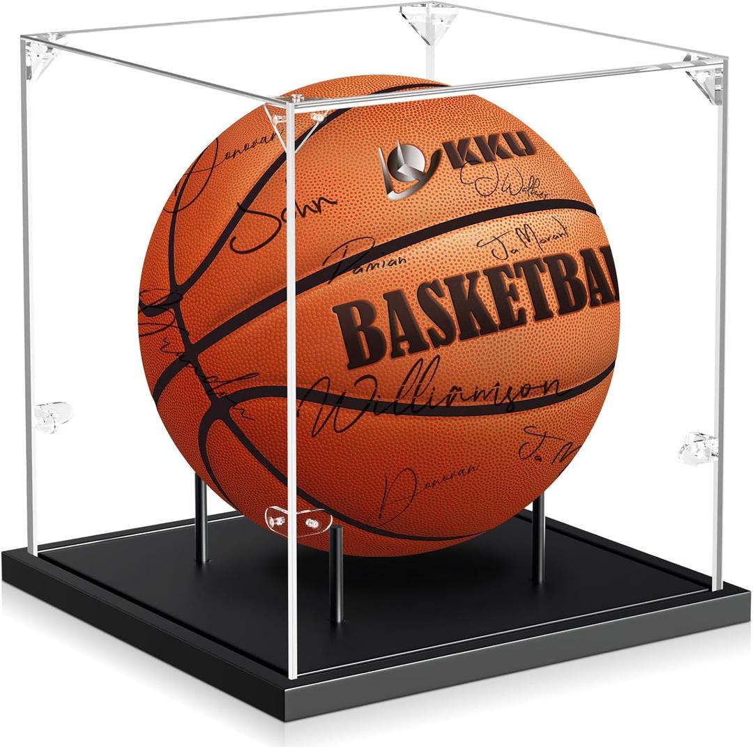 KKU Basketball Display Case, Acrylic Clear Full Size Basketball Case with Solid Wood Base,UV Protected Basketball Display Stand for Autographed Standard NBA WNBA Ball Memorabilia Keepsake, Black (Black Basketball Case)