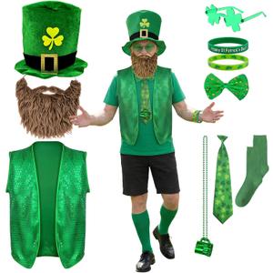 YQUQWN 10 Pcs St. Patricks Day Costume Accessories Set Leprechaun Outfit with Shamrock Hat Sequined Vest Bow Tie Glasses Necklace & Green Party Parade Decorations