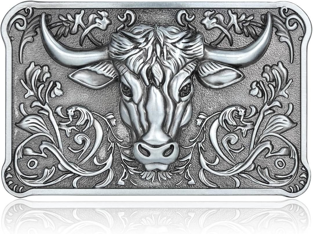 Belt Buckle for Men Vintage Western Longhorn Belt Buckles Cowboy Rodeo Buckle for Men Women Silver