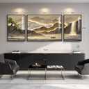 Framed Mountain Wall Art for Living Room, 3 Piece Brown Landscape Painting Prints, Modern Luxury Bright Style Pine Tree Waterfall Artwork for Dining Room,Hallway Office Wall Decor, 24" H x 64" W