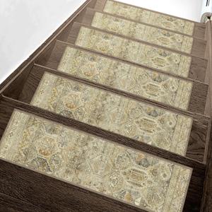 Carpet Stair Treads Non Slip 15PCS, 8" X 30" Edging Stair Runner for Wooden Steps Indoor, Resistant Stair Rugs with Reusable TPE Adhesive Backing, Residue Mat for Elders, Pets, Tawny/Ivory