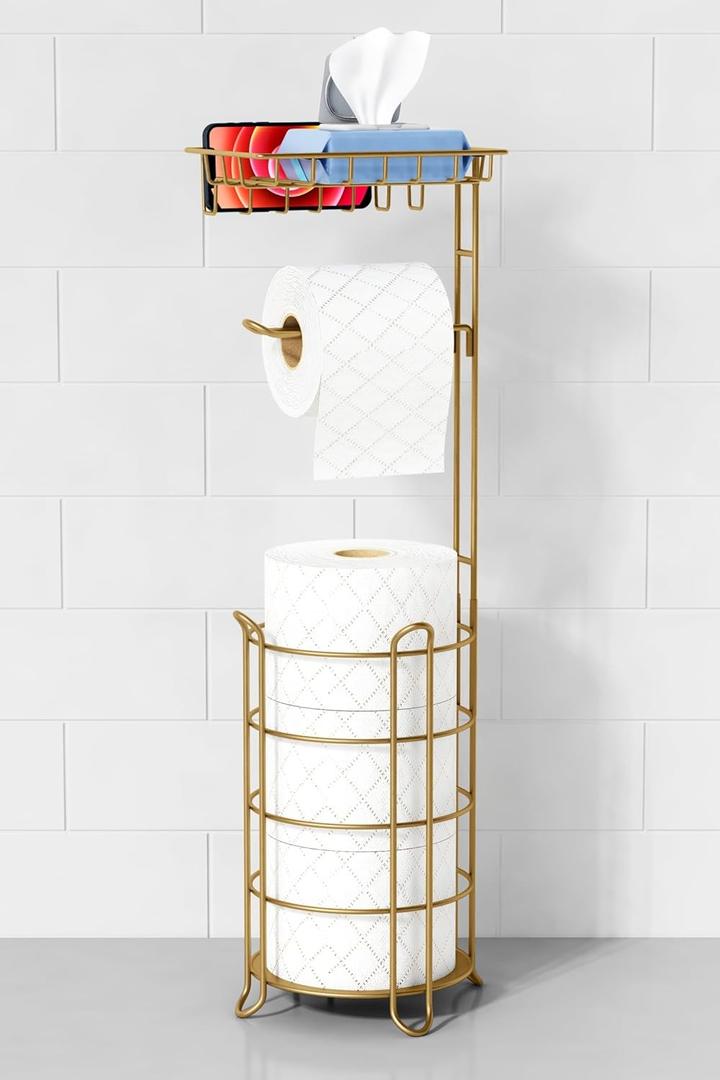 Gold Free Standing Toilet Paper Holder Stand with Phone Shelf, Floor Bathroom Tissue Holder for Large Mega Rolls, Metal Freestanding Toilet Paper Roll Holder with Wipes Storage Tray