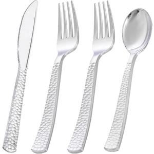 KIRE 400PCS Silver Plastic Silverware - Disposable Silverware, Heavy Duty Plastic Silverware Set Include 200 Silver Forks,100 Silver Knives,100 Silver Spoons for Party,Wedding for Christmas