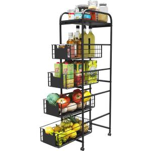 WHIFEA 5 Tier Slim Rolling Cart with Pull-Out Drawers, Multi-Layer Narrow Storage Shelf Organizer on Wheels, Metal Wire Baskets for Fruit, Dishes, Freestanding Unit for Kitchen, Bathroom, Home Office