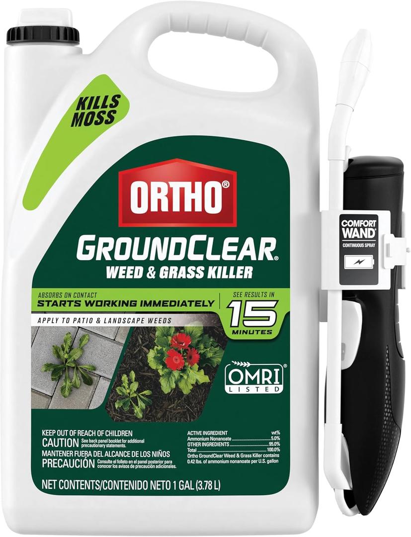 Ortho GroundClear Weed & Grass Killer with Comfort Wand - Kills Dandelions, Chickweed, Crabgrass, Moss & More, OMRI Listed, Ready-to-Use Grass and Weed Killer Spray, 1 gal.