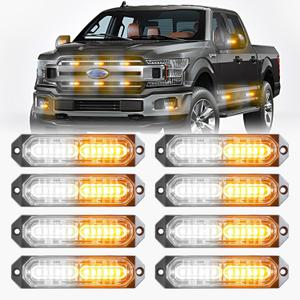 BooYu Amber/White LED Surface Mount Emergency Strobe Flashing Lights for Trucks Vehicles Car, Ultra Slim Sync Feature Hazard Warning Beacon Grille Light Bar for Firefighter/Construction/Police (8 Pcs) (01-Amber/White)