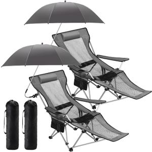 Yuntau 2 Set Reclining Beach Chairs with Umbrella & Footrest, Portable Adjustable Folding Mesh Lounge Chair with Headrest & Storage Bag for Camping, Fishing, Outdoor, Patio(Grey), 61.42 x 35.24 x 21.26 inches