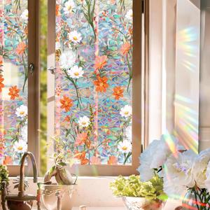 Niviy Orange Wildflowers Stained Glass Window Film, Rainbow Window Film Glass Decals Static Cling Stickers, Windows Tint for Home Bathroom (16.93 x 39.37inch)