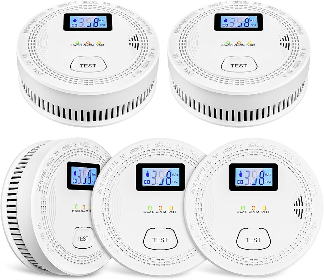 5 Packs, Smoke Combination CO Alarm,2-in-1 Detection, CO Detector,Smoke Detector,Battery Powered CO Alarm with LEDs,Digital Display,Test Button,Low Battery Warning,85db Alarm,Flexible Installation 5 Packs, Smoke Combination CO Alarm,2-in-1 Detection, CO Detector,Smoke Detector,Battery Powered CO Alarm with LEDs,Digital Display,Test Button,Low Battery Warning,85db Alarm,Flexible Installation