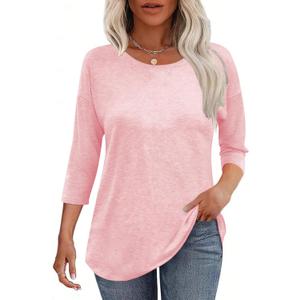 Kancystore Womens 3/4 Length Sleeve Tops Casual Loose Fit Tunic Shirts Crewneck Basic Tees (Pink, XXL)