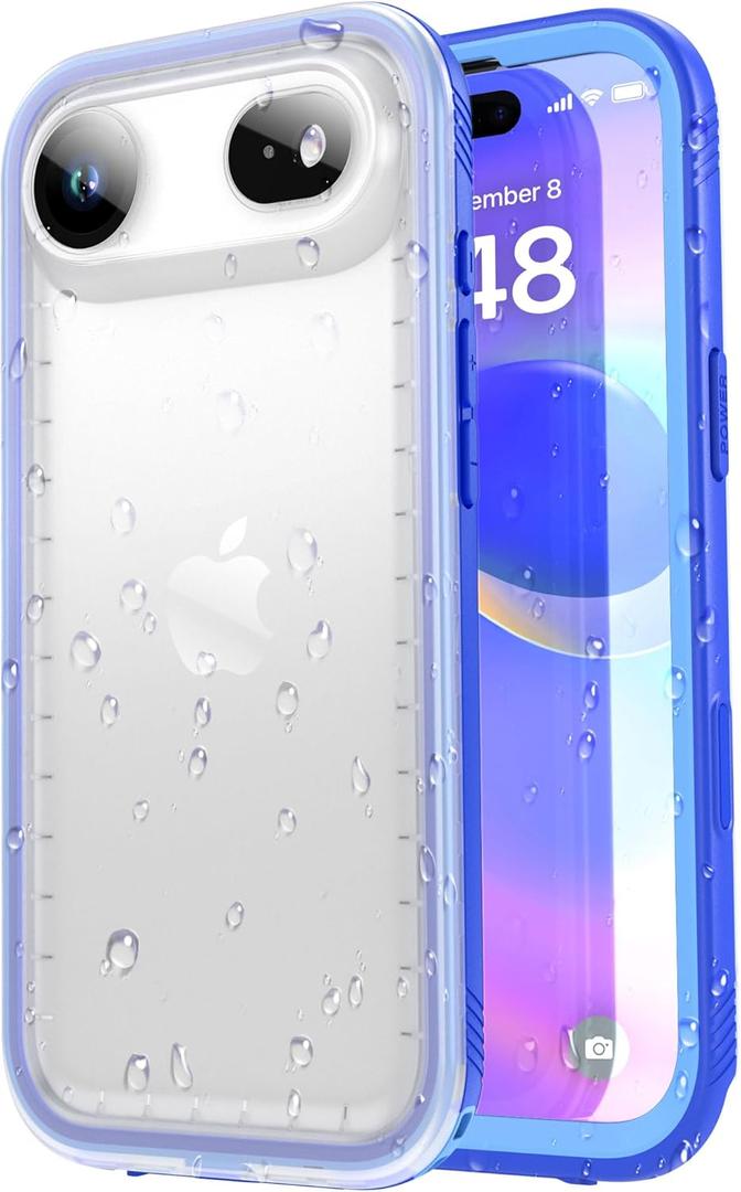 SPORTLINK for iPhone Air Waterproof Case - Shockproof Dustproof Case with Built-in Screen Protector, Full Body Heavy Duty Sealed Protective Cover for iPhone Air 6.5" Blue/Frosted Clear