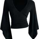 BEAUDRM Women's Y2k Tops Cinched Waist Bell Sleeve Top Deep V Neck Ruched Fitted Rave Party Tee Tops (Black, M)