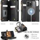 Defencase for iPhone 14 Pro Max Magnetic Wallet Case Compatible with Magsafe with RFID Blocking Zipper Strap Card Holder for Women Men, PU Leather Detachable Case for iPhone 14 Pro Max (6.7"), Black