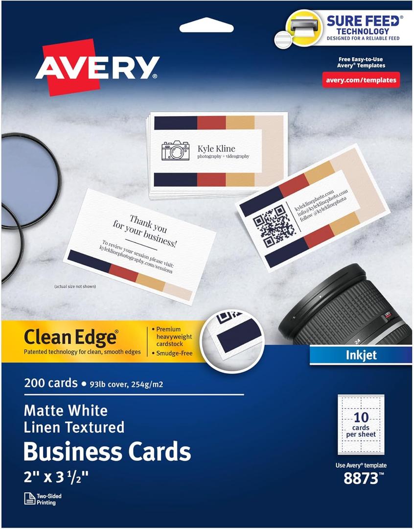 Avery Clean Edge Printable Business Cards with Sure Feed Technology, 2" x 3.5", White Linen Textured, 200 Blank Cards for Inkjet Printers (08873)