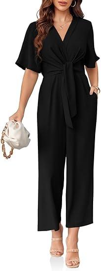 Women's Elegant V Neck Jumpsuits Dressy Casual Short Sleeve Wide Leg Long Pants Rompers No Brand M Women's Elegant V Neck Jumpsuits Dressy Casual Short Sleeve Wide Leg Long Pants Rompers No Brand M
