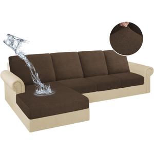 HDCAXKJ 100% Waterproof Sectional Couch Cushion Covers 8 Pieces L Shape Sectional Cover Stretch Chaise Sofa Seat Slipcover Set Jacquard Magic Sofa Cover (Dark Brown, 3 Seater + 4 Backrest + 1 Chaise)