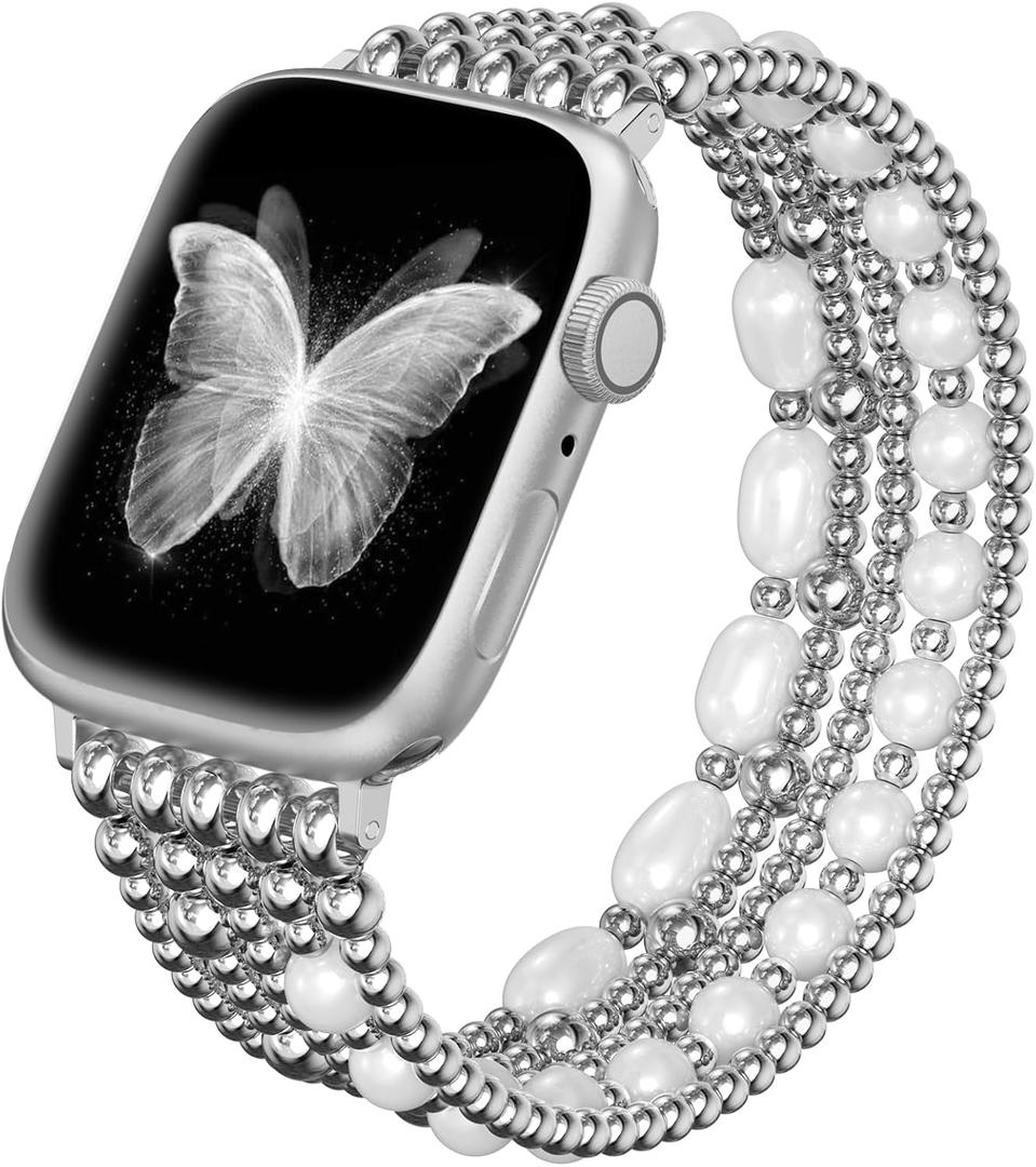 fastgo Silver Beaded Bracelet Band Compatible with Apple Watch Bands 44mm/45mm/42mm/49mm Women, Natural Pearl Beaded Elastic Stackable Strap for Iwatch Bands(Silver)