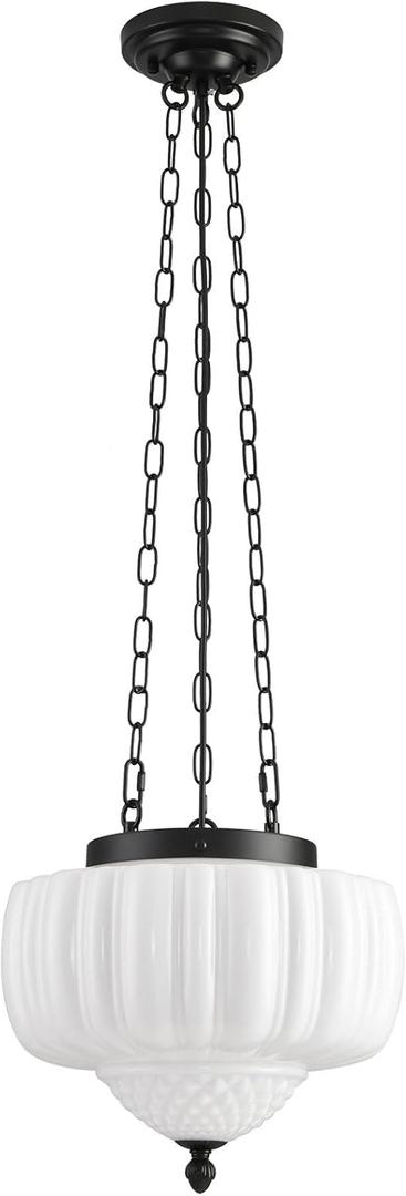 Milk Glass Pendant Light, 14" Schoolhouse Light Fixture, Ceramic Pendant Lighting for Kitchen Island, Vintage Art Deco Chandelier for Bedroom, Dining Room, Hallway, 3*E26 Bulbs Included, White