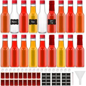 18Pcs 5oz Glass Bottle, Clear Woozy Bottles with Shrink Capsules,Empty Small Beverage Canning Bottles with Black Caps for Kitchen and Party (RED, 18)