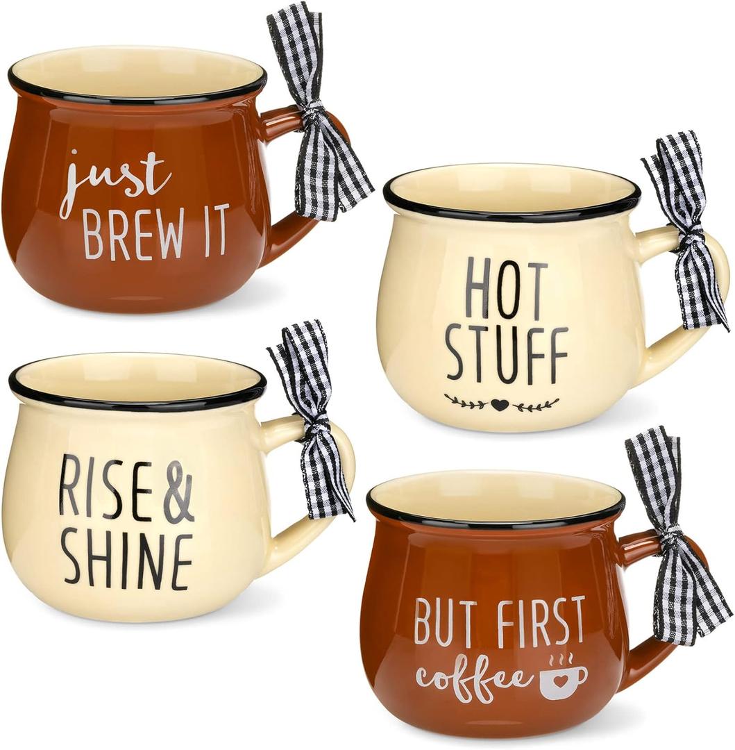 Patelai 4 Pcs Farmhouse Coffee Cups Mini Espresso Cups 5 oz Christmas Mugs Set with Handle for Coffee Bar Decoration Holiday Party Gift (Brown, Yellow)