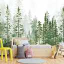 Boys or Girls Cartoon Pine Tree Forest wallpeper Nursery Kids Bedroom wall Mural - 137"x96"Not Peel and Stick (W008)