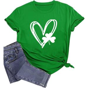 Saint Patrick's Day Shirts Women Funny Shamrock Graphic Print Irish T Shirt Spring Casual Short Sleeve Crew Neck Tee Tops (Green, L)