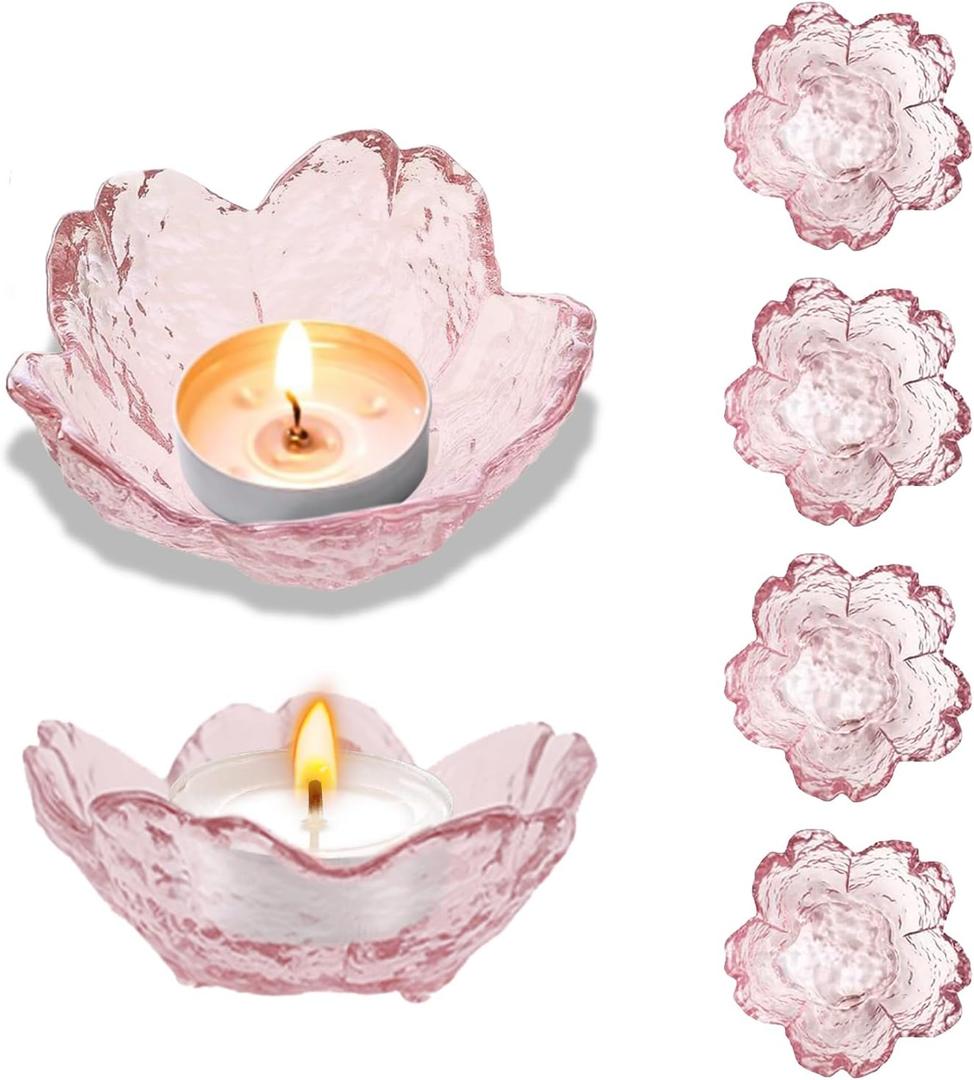 Glass Votive Candle Holders,Glass Seasoning Dishes,Cherry-Blossom Tea Bag Holders,Pink Flower Snack Dip Bowls,Set of 6 Tealight Pillar Trays for Party Housewarming Christmas Valentine Wedding Decor