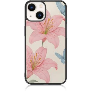 Cute Pink Lily Flower Blue Butterfly Floral Aesthetic Phone Case for iPhone 14 & iPhone 13 Case for Teen Girls Women (6.1Inch)